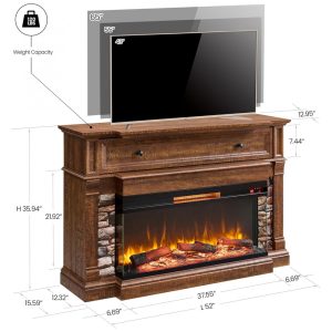 Lareira Elétrica OKD 132,08 cm com Suporte, Lareira Independente Aquecedora com Vidro de 3 Lados para TVs de até 65 ,