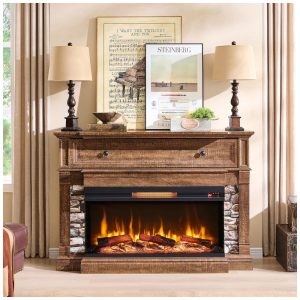 Lareira Elétrica OKD 132,08 cm com Suporte, Lareira Independente Aquecedora com Vidro de 3 Lados para TVs de até 65 ,