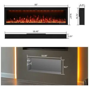 Lareira Elétrica Embutida Valuxhome de 152,4 cm, Design de Moldura Ultra Estreita, 13 Cores de Chamas, Aquece até 37m ,