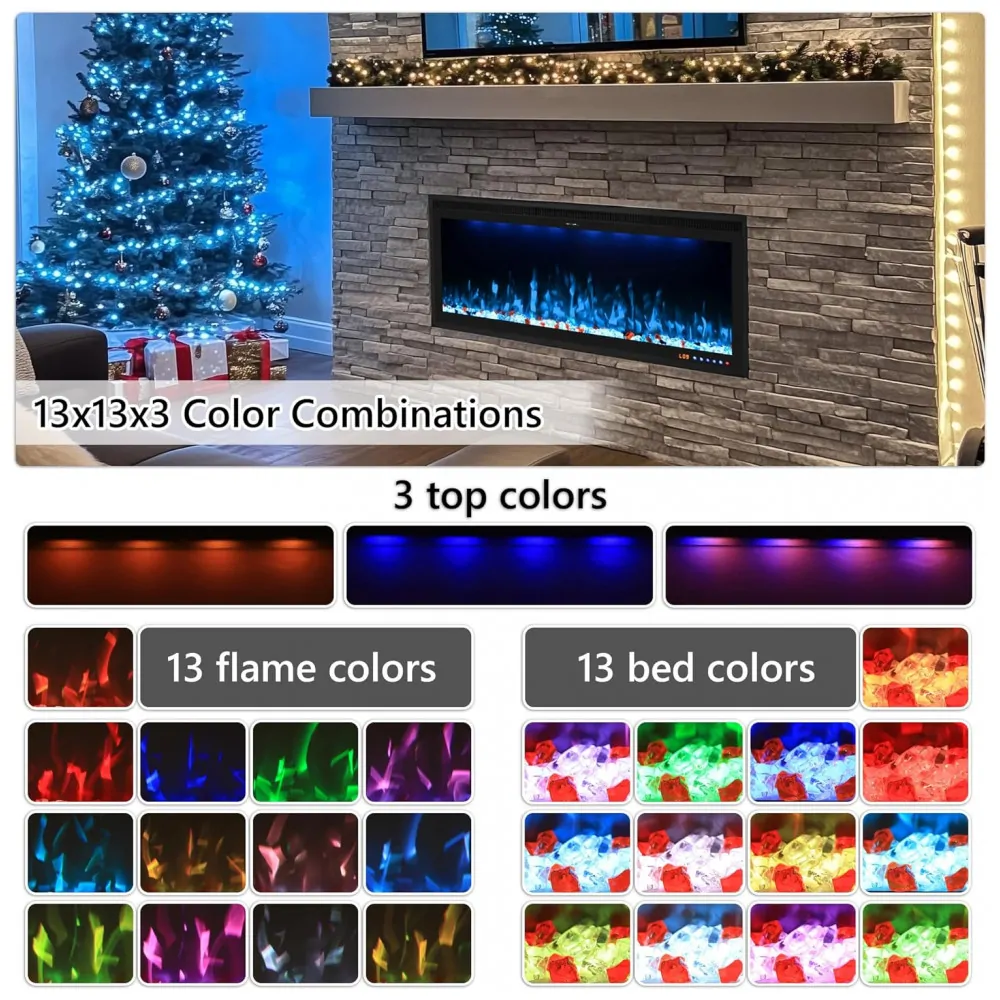 Lareira Elétrica Embutida Valuxhome de 152,4 cm, Design de Moldura Ultra Estreita, 13 Cores de Chamas, Aquece até 37m ,