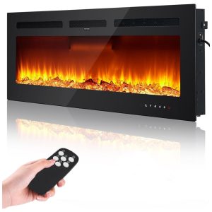 Lareira Elétrica 152 cm, Recessada e Montada na Parede, Aquecedor 1500W 750W, Termostato 15 37 C , Controle Remoto e Touch, 12 Cores, Fectiontool