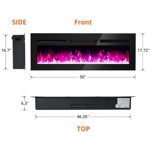 Lareira Elétrica 152 cm, Recessada e Montada na Parede, Aquecedor 1500W 750W, Termostato 15 37 C , Controle Remoto e Touch, 12 Cores, Fectiontool