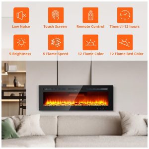 Lareira Elétrica 127 cm, Recessada e Montada na Parede, Aquecedor 1500W 750W, Termostato 15 37 C , Controle Remoto e Touch, 12 Cores. Fectiontool