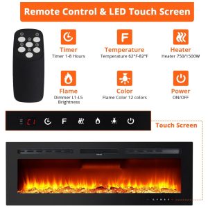 Lareira Elétrica 127 cm, Recessada e Montada na Parede, Aquecedor 1500W 750W, Termostato 15 37 C , Controle Remoto e Touch, 12 Cores. Fectiontool