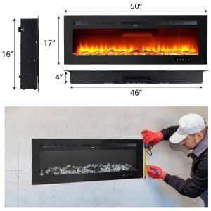 Lareira Elétrica 127 cm, Recessada e Montada na Parede, Aquecedor 1500W 750W, Termostato 15 37 C , Controle Remoto e Touch, 12 Cores. Fectiontool