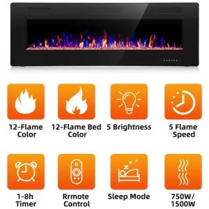 ectqwgvjhvg90b_2 jpg - Lareira Elétrica de Embutir A45x91L com Controle Remoto e Digital, Luz LED, Chama Ajustável e Temporizador, 1500W, 110v, CRZOE Jx 836C3, Preto