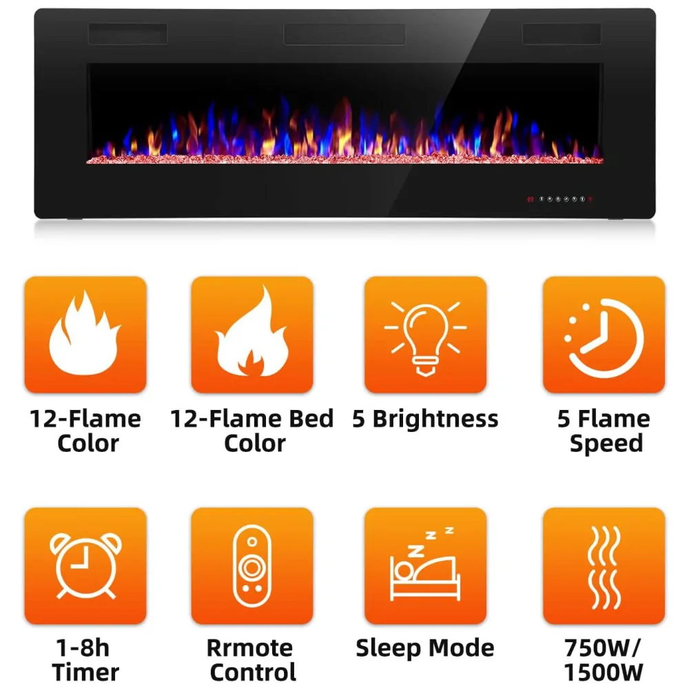 ectqwgvjhvg90b_2 jpg - Lareira Elétrica de Embutir A45x91L com Controle Remoto e Digital, Luz LED, Chama Ajustável e Temporizador, 1500W, 110v, CRZOE Jx 836C3, Preto