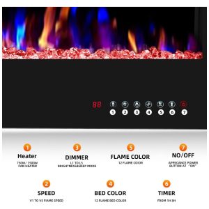 ectqwgvjhvg90b_3 jpg - Lareira Elétrica de Embutir A45x91L com Controle Remoto e Digital, Luz LED, Chama Ajustável e Temporizador, 1500W, 110v, CRZOE Jx 836C3, Preto