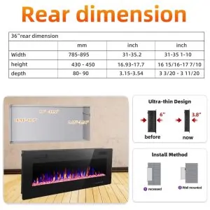 ectqwgvjhvg90b_5 jpg - Lareira Elétrica de Embutir A45x91L com Controle Remoto e Digital, Luz LED, Chama Ajustável e Temporizador, 1500W, 110v, CRZOE Jx 836C3, Preto