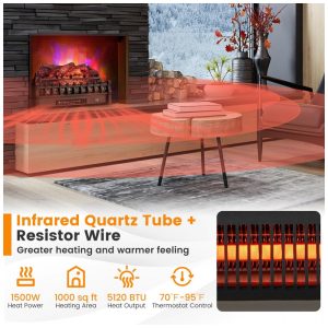 Lareira Elétrica Ecológica 26 66 cm com Controle Remoto, Cores de Chama Ajustáveis e Temporizador de 8H, 110V 1500W, ORALNER, Preta