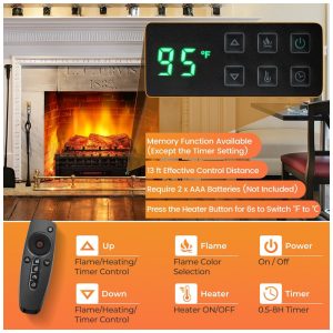 Lareira Elétrica Ecológica 26 66 cm com Controle Remoto, Cores de Chama Ajustáveis e Temporizador de 8H, 110V 1500W, ORALNER, Preta