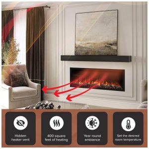 Lareira Elétrica de Embutir A46x127L cm com Controle Remoto, 10 Cores de Chama e Compatível com Google e Alexa , 110V 1465W, Ember, Preta