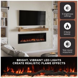 Lareira Elétrica de Embutir A46x127L cm com Controle Remoto, 10 Cores de Chama e Compatível com Google e Alexa , 110V 1465W, Ember, Preta