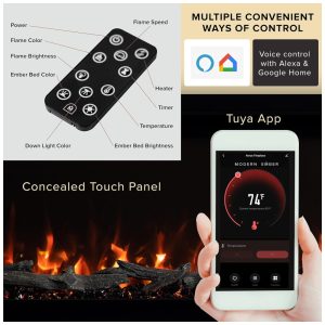 Lareira Elétrica de Embutir A46x127L cm com Controle Remoto, 10 Cores de Chama e Compatível com Google e Alexa , 110V 1465W, Ember, Preta