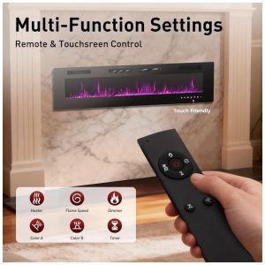 Lareira Elétrica de Embutir A45x182L cm com Controle Remoto ou Tela Sensível ao Toque, Temporizador e Baixo Ruído, 110V 1500W, MAISON ARTS, Preta