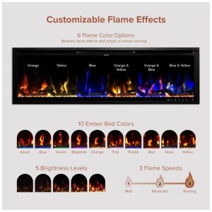 Lareira Elétrica de Embutir A44x152L com Controle por APP e Chamas Multicoloridas, 110V 1500W, Modern Ember, Preta