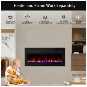 Lareira Elétrica Panana de 152 cm, Embutida ou de Parede, com Timer, LED Touch, Controle Remoto, Chamas Ajustáveis em Cor e Velocidade