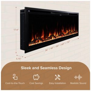 Lareira Elétrica de Embutir A44x127L com Controle por APP e Chamas Multicoloridas, 110V 1500W, Modern Ember, Preta