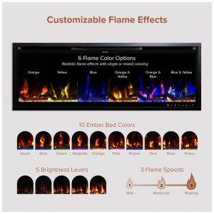 Lareira Elétrica de Embutir A44x127L com Controle por APP e Chamas Multicoloridas, 110V 1500W, Modern Ember, Preta