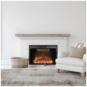 Lareira Elétrica de Embutir A69x109L cm com Temporizador, Controle Remoto, Som de Crepitação de Fogo e Porta de Vidro, 110V 1500W, Velaychimney, Preta