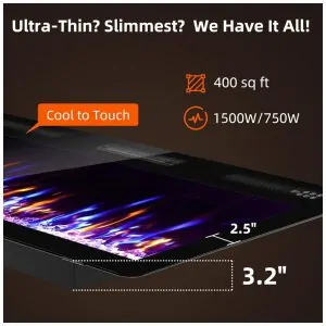 Lareira Elétrica de Parede Zionheat A 45,72 cm X L 127 cm Preto Cristal 1500W com Controle Remoto, Kucreiheat.