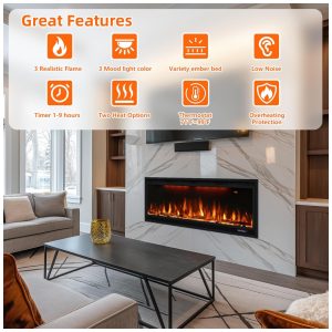 Lareira Elétrica de Embutir A43x158L com Controle Remoto, 110V 1500W, Dreamflame, Preta