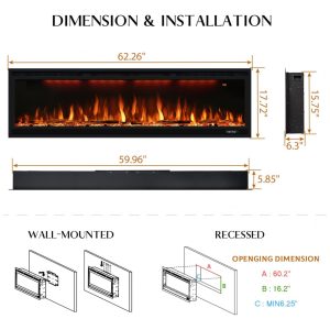Lareira Elétrica de Embutir A43x158L com Controle Remoto, 110V 1500W, Dreamflame, Preta