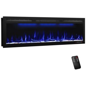 Lareira Elétrica de Embutir A45x127L com Controle Remoto e Digital, Luz LED, Chamas Multicolorida e Temporizador, 1500W, 110v, MYSTFLAME, Preto