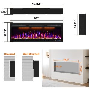 Lareira Elétrica de Embutir A45x127L com Controle Remoto e Digital, Luz LED, Chamas Multicolorida e Temporizador, 1500W, 110v, MYSTFLAME, Preto