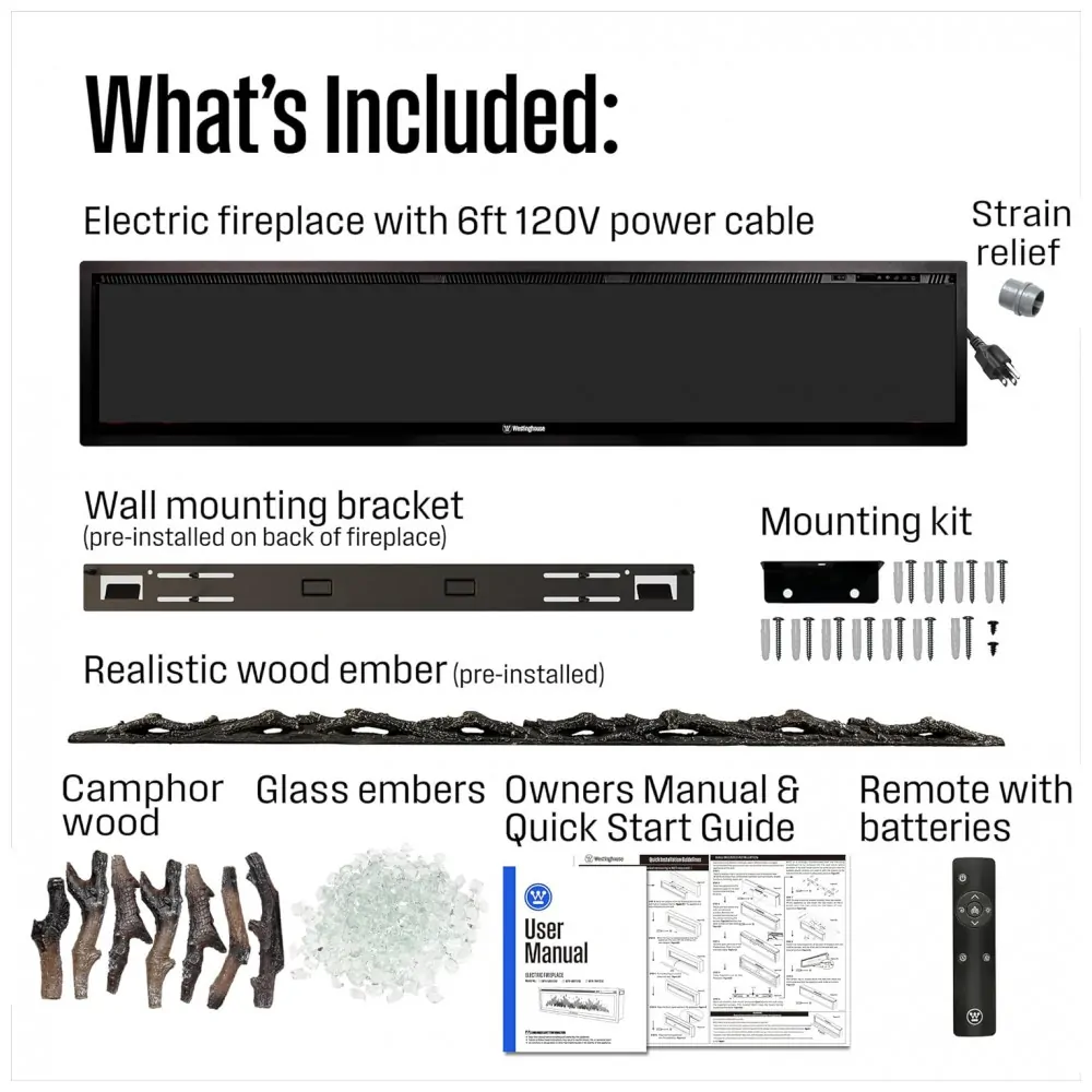 Lareira Elétrica Westinghouse Preta Parede Embutida Wi Fi Alexa Google 144 Combinações 1500W 120V 188 cm L X40 cm A