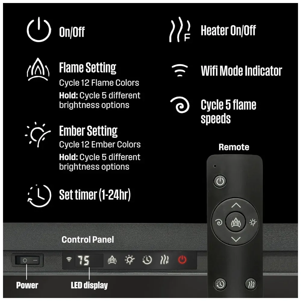 Lareira Elétrica Westinghouse Preta Parede Embutida Wi Fi Alexa Google 144 Combinações 1500W 120V 188 cm L X40 cm A