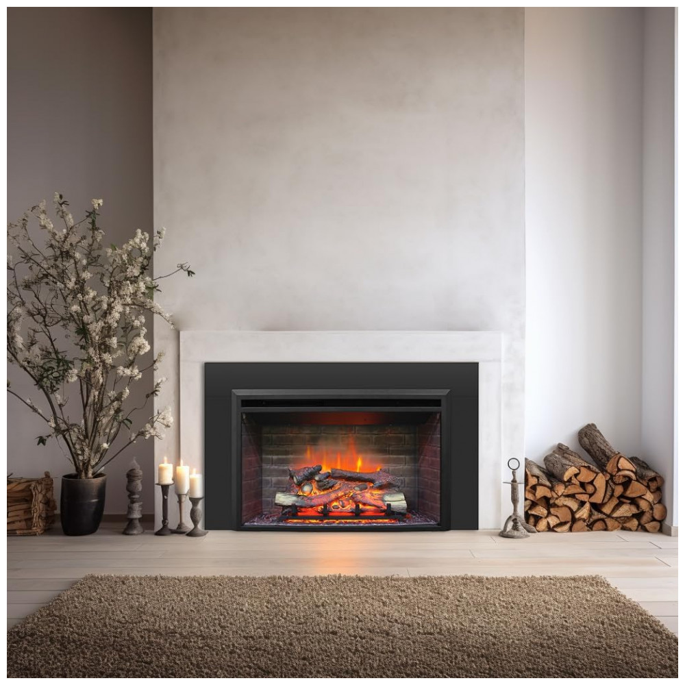 Lareira Elétrica PuraFlame Western Preto com Kit de Moldura Tronco em Resina 112cm L X68.6 cm A 120V