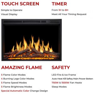 Lareira Elétrica de Embutir A66x93L com Controle Remoto e Chamas Ajustável, 110V 1500W, R.W.FLAME, Preta