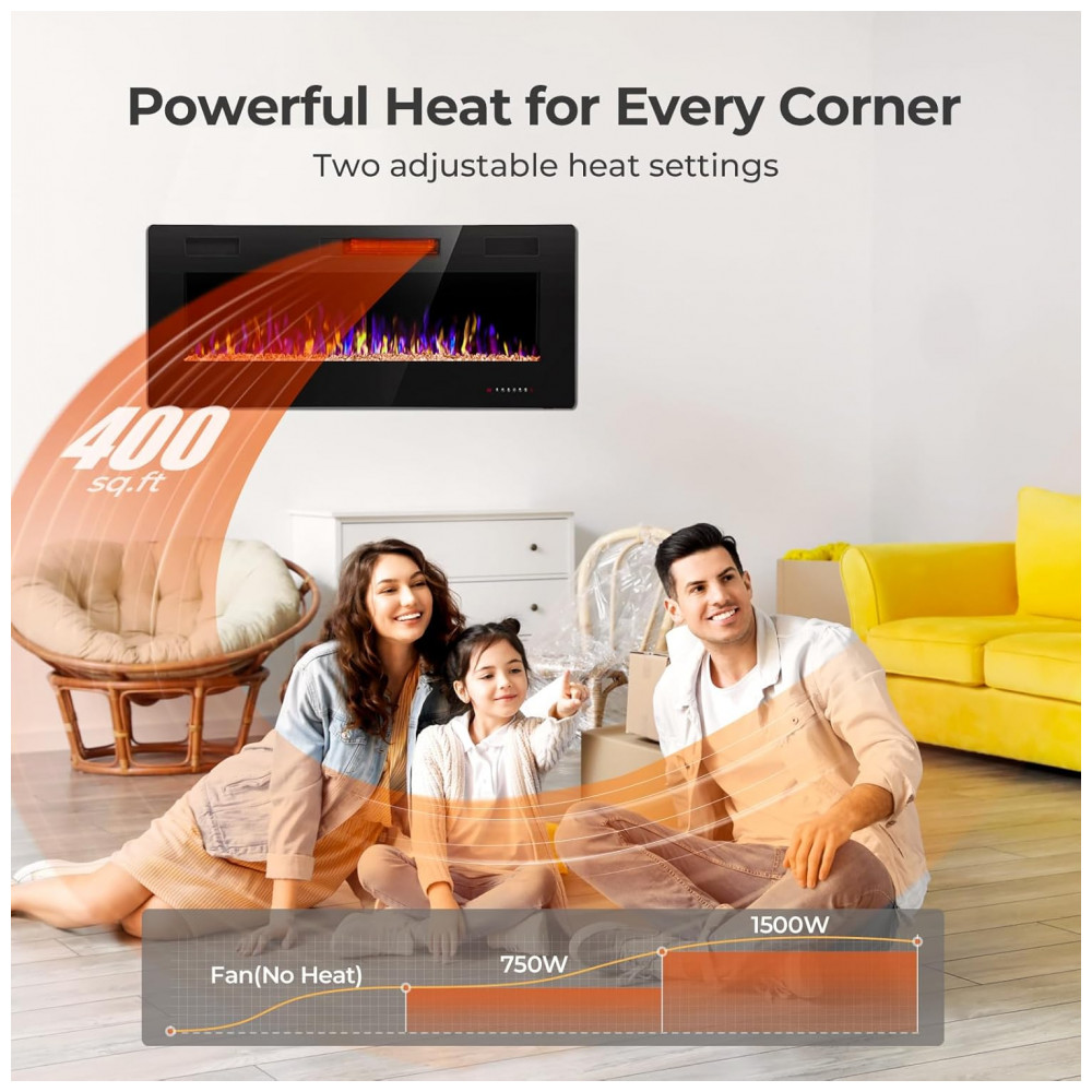Lareira Elétrica Crzoe 107x46cm 1500W LED 12 Cores Timer Embutir 110V