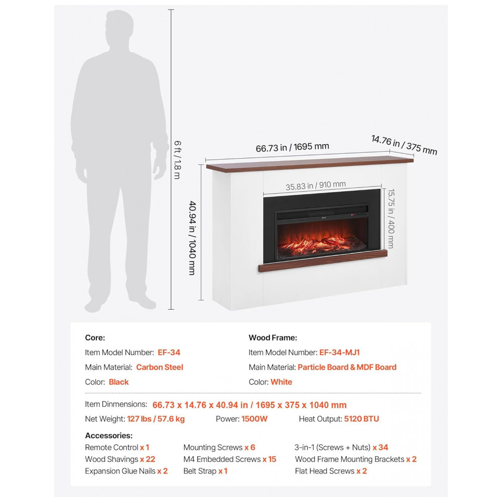 Lareira Elétrica VEVOR 169x37x104cm 1500W Chamas 3D Timer Remoto 110V