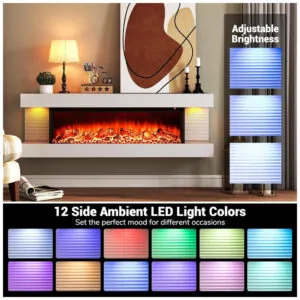 Lareira Elétrica ORALNER 127x42cm 1500W 3 Lados 12 Cores Parede 110V