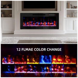 Lareira Elétrica BreezehEat 91x35cm 1500W 12 Cores Chamas LED Embutir 110V