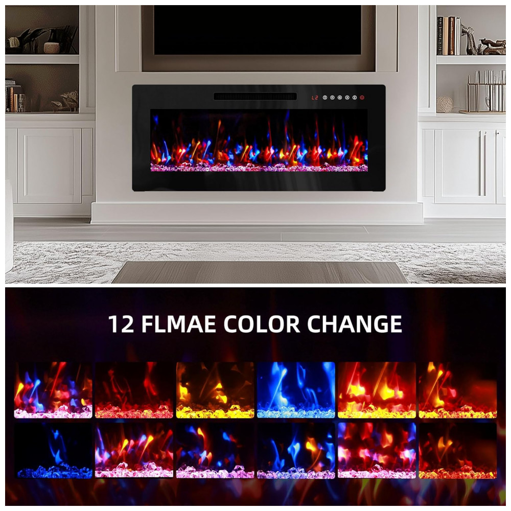 Lareira Elétrica BreezehEat 91x35cm 1500W 12 Cores Chamas LED Embutir 110V