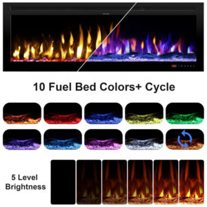 Lareira Elétrica Kentsky 121x43cm 1500W Chamas LED 7 Cores Timer 8h Embutir 110V