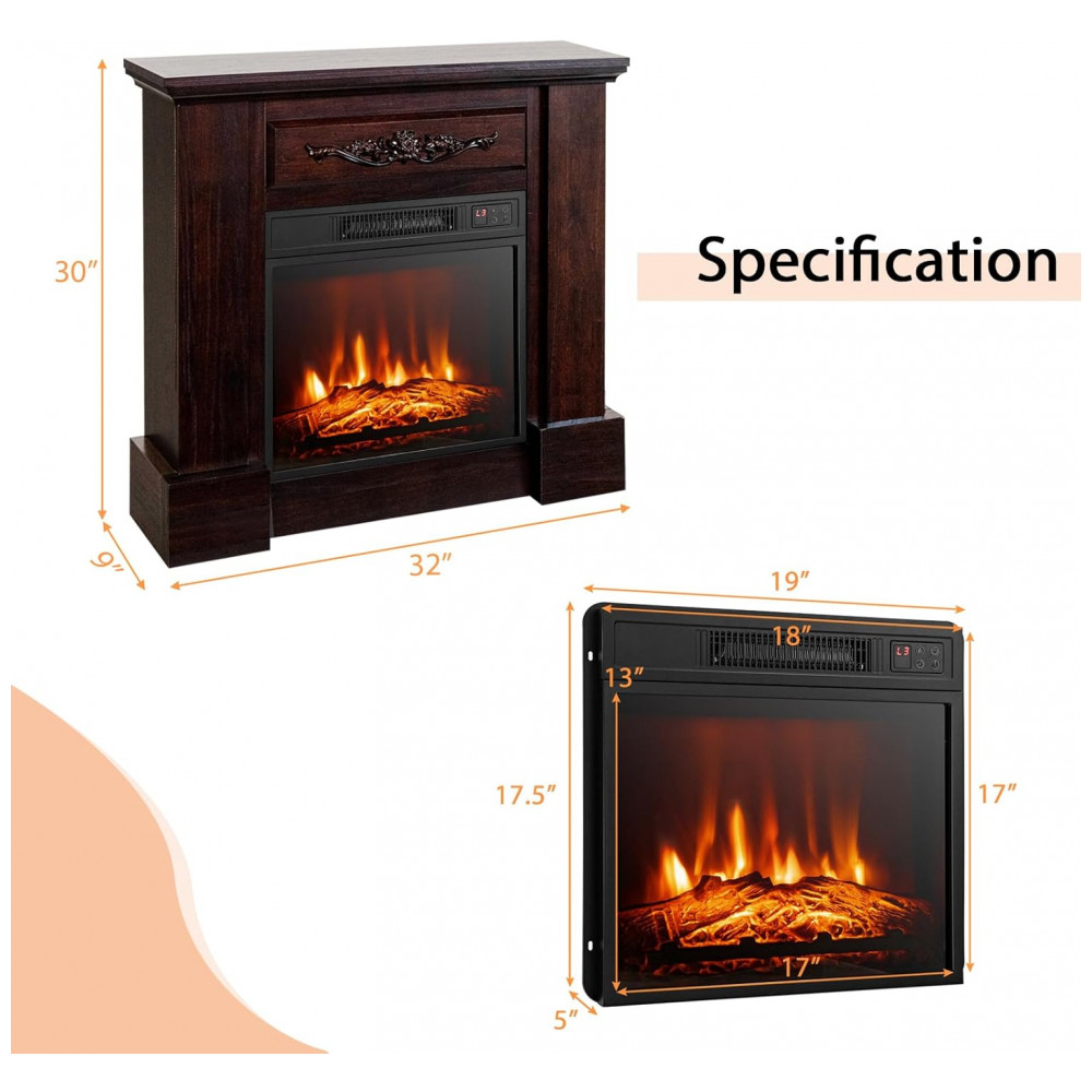 Lareira Elétrica Costway 81x76cm 1400W Chamas 3D Controle Remoto Portátil 110V