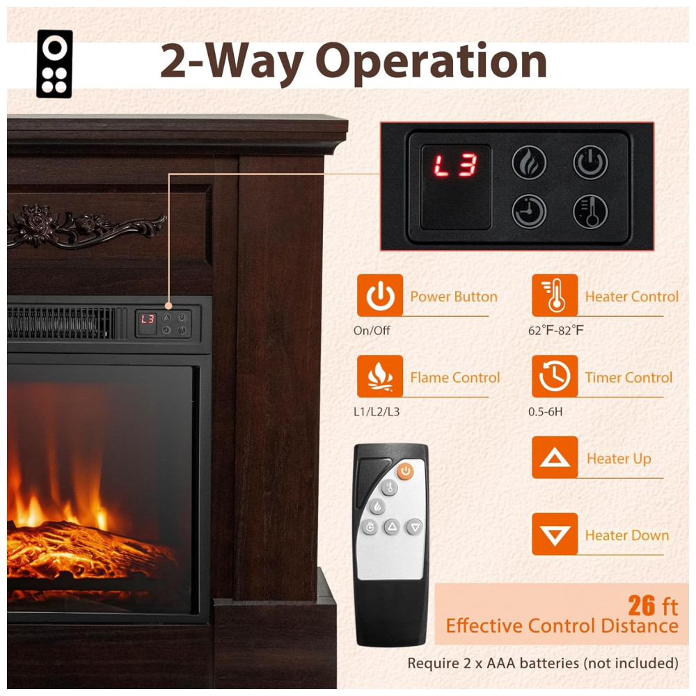 Lareira Elétrica Costway 81x76cm 1400W Chamas 3D Controle Remoto Portátil 110V