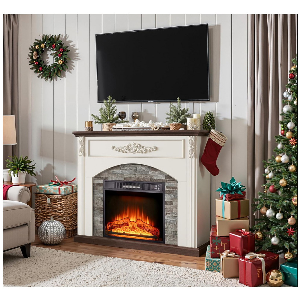 Lareira Elétrica BOSHIRO 112x92cm 1400W Chamas LED Rack TV Farmhouse 110V