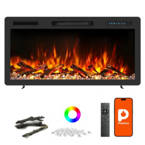 Lareira Elétrica Pixelora 91x46cm 1500W App WiFi Chamas 3D 12 Cores Embutir 110V