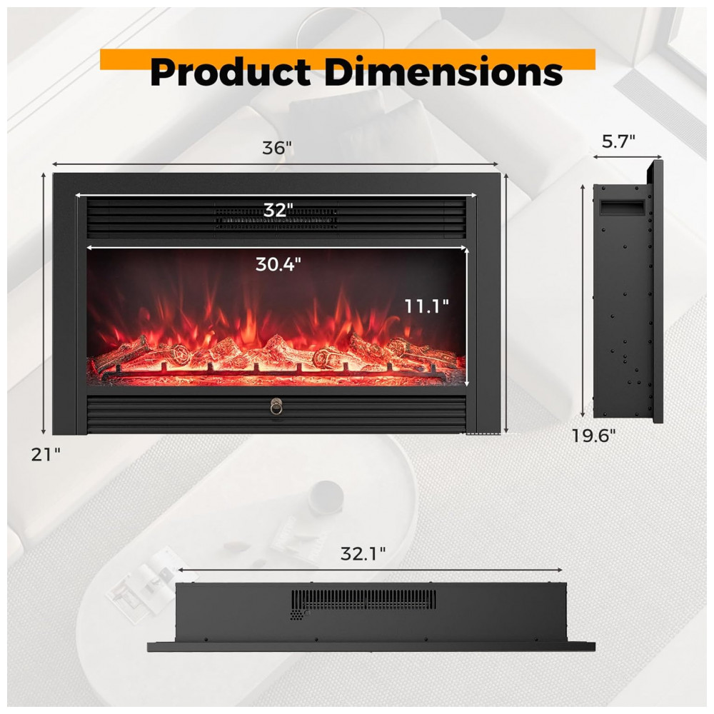 Lareira Elétrica Costway 91x53cm 1500W Chamas LED 3 Cores Embutir 110V
