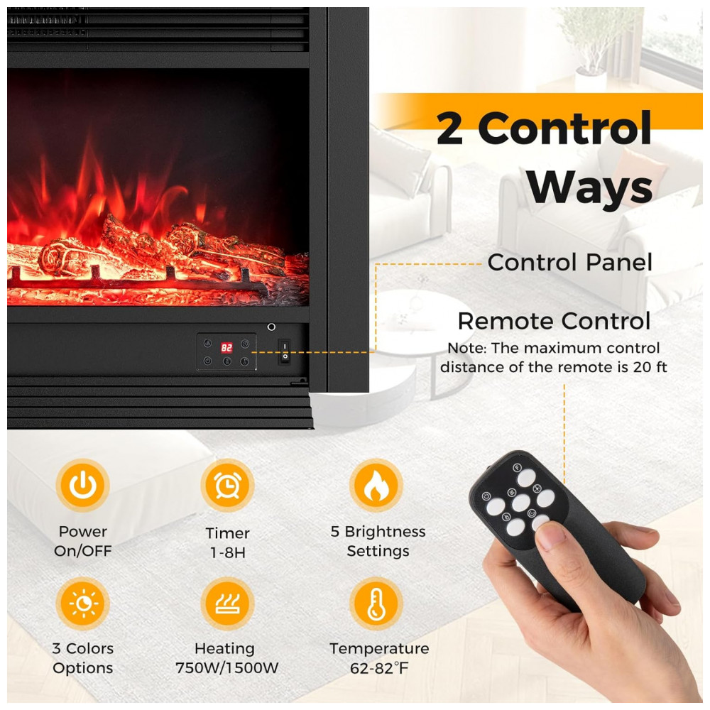 Lareira Elétrica Costway 91x53cm 1500W Chamas LED 3 Cores Embutir 110V