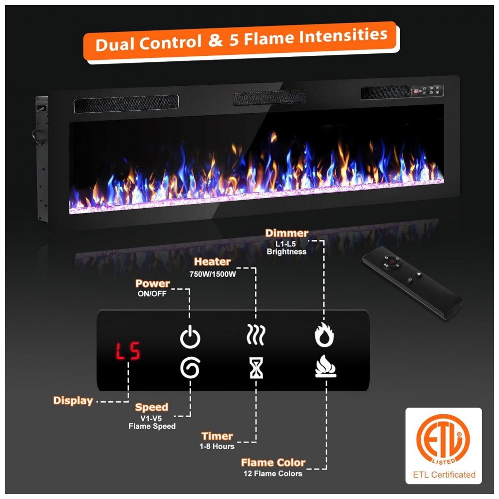 Lareira Elétrica Vendorz 183x46cm 1500W Ultra Fina 12 Cores Embutir 110V