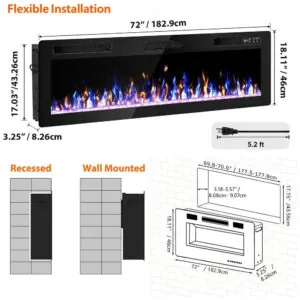 Lareira Elétrica Vendorz 183x46cm 1500W Ultra Fina 12 Cores Embutir 110V