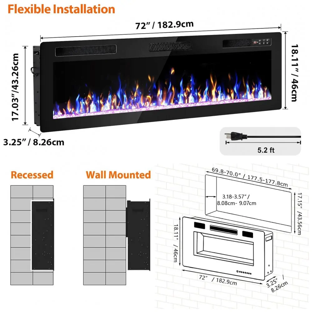 Lareira Elétrica Vendorz 183x46cm 1500W Ultra Fina 12 Cores Embutir 110V