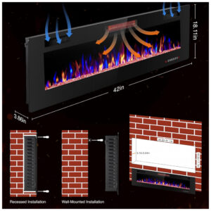Lareira Elétrica ZAFRO 107x46cm 1500W 12 Cores LED Ultra Fino Embutir 110V