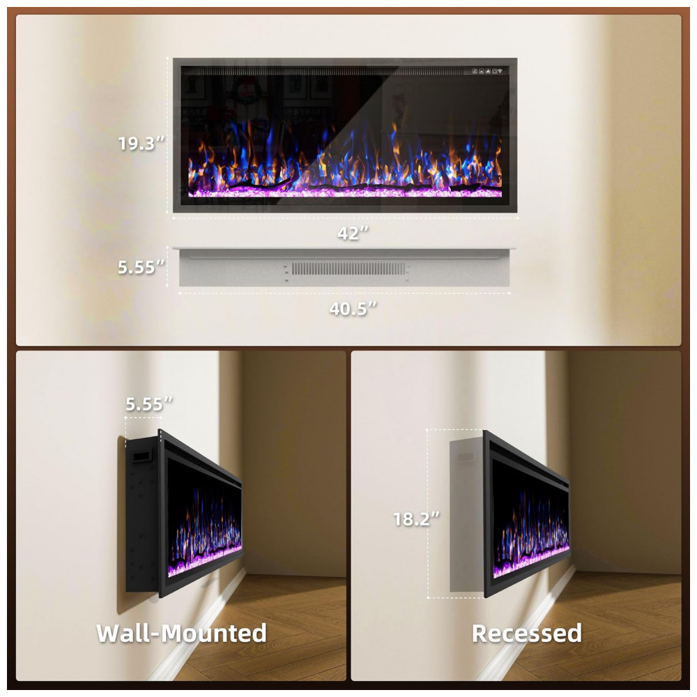 Lareira Elétrica Eueiriup 117x59cm 1500W Chamas LED 12 Cores Embutir 110V